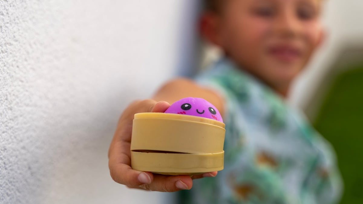 A child holding a cute anti-stress dumpling squishy toy with a smiling character inside
